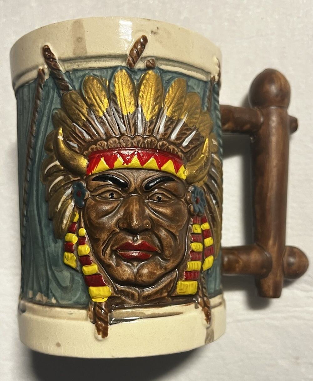 Native American Indian Chief Headdress Drum Mug 16 Oz Ceramic Cup Vintage